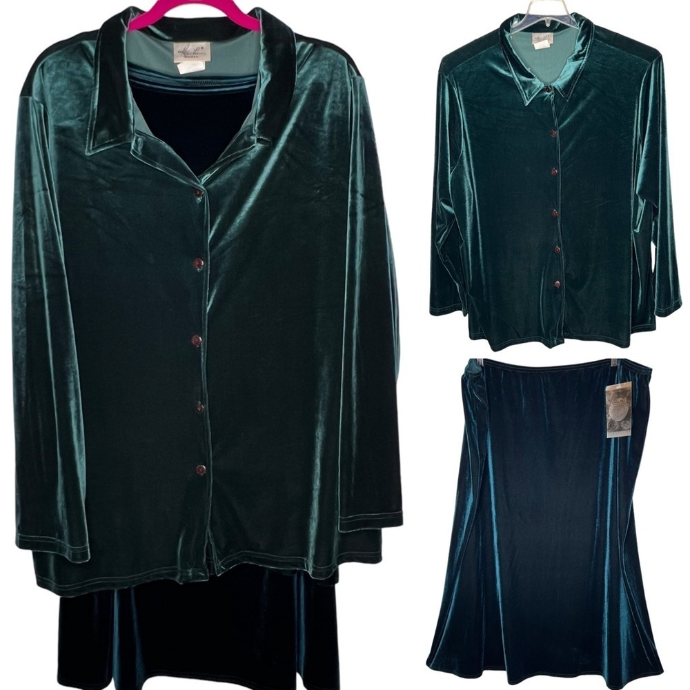 Y2K Kathy Lee Teal Green Velvet Blouses Matching Midi Skirt Plus Size 26/28 NWT